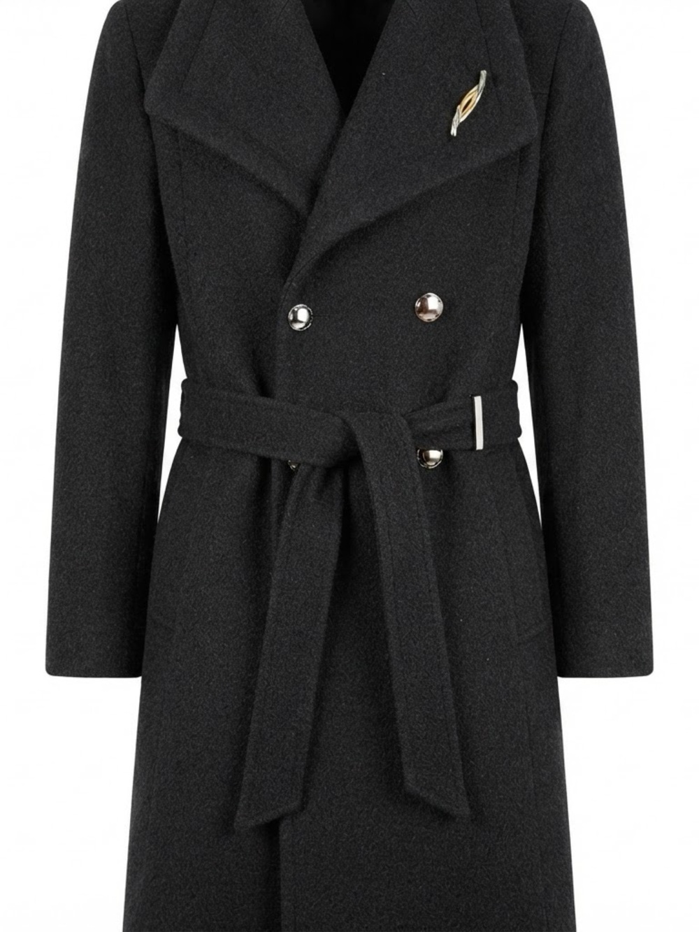 Ivanka Trump Boucle Pin/Brooch Belted Wool Coat, Black, Size 2 (M)